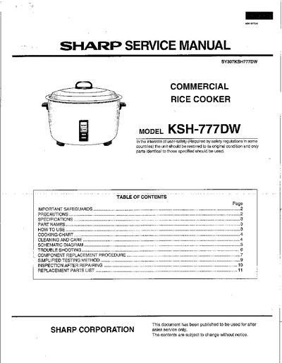 Sharp KSH-777DW Rice Cooker Service Manual - cover page