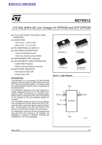 STMicroelectronics M27W512 Low Voltage UV EPROM and OTP EPROM Datasheet - cover page