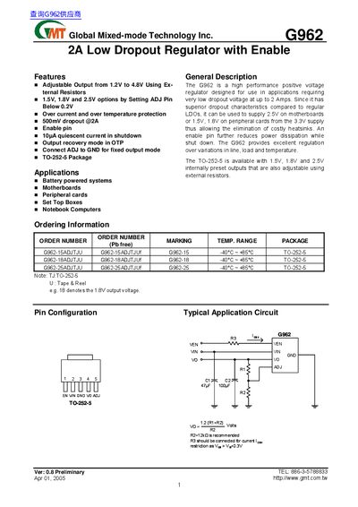GMT G962 2A Low Dropout Regulator Datasheet - cover page