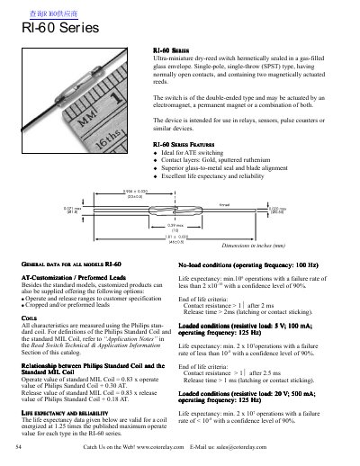 Coto RI-60 Series Ultra-miniature Dry- Reed Switch Datasheet - cover page