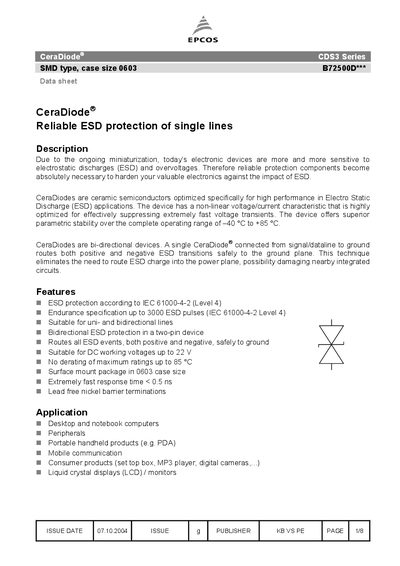 EPCOS CeraDiode CDS3 Series SMD type case size 0603 B72500D*** - cover page