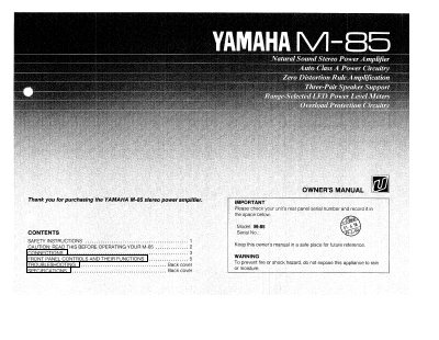 Yamaha M-85 Stereo Power Amplifier Owner's Manual - cover page