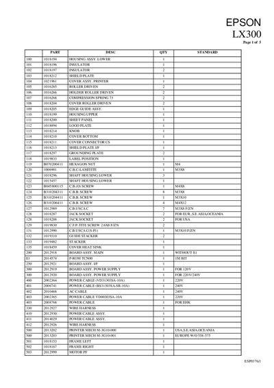 Epson LX300 Parts List - cover page
