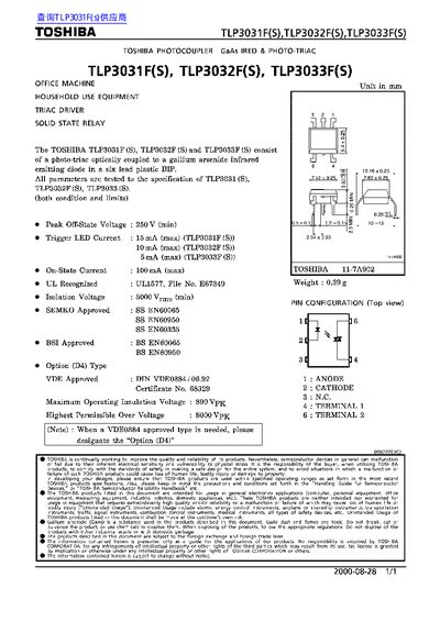 Toshiba TLP3031F(S), TLP3032F(S), TLP3033F(S) Photocoupler Datasheet - cover page
