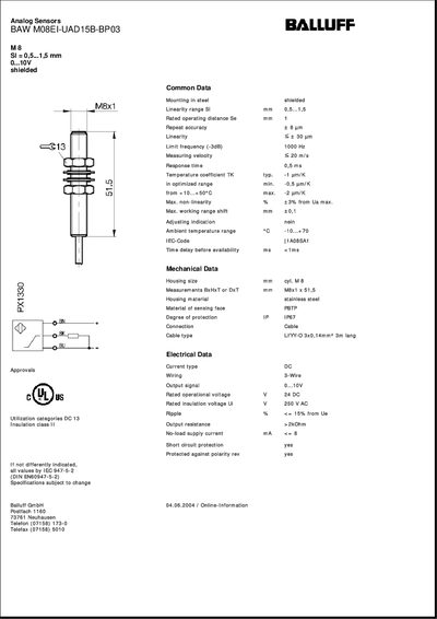 Balluff BAW M08EI-UAD15B-BP03 Datasheet - cover page