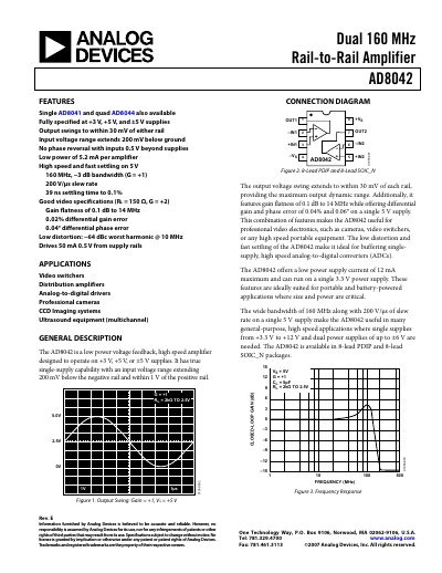 Analog Devices AD8042 Dual‑Channel Rail‑to‑Rail Amplifier Datasheet
