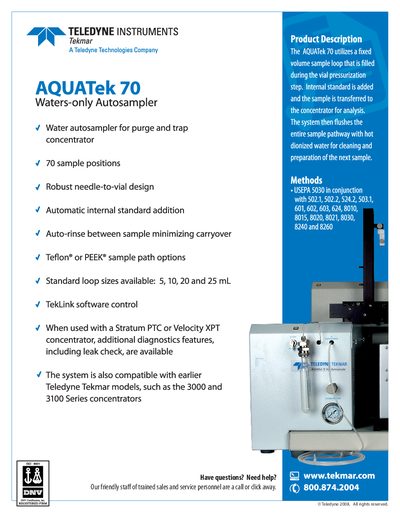 Teledyne Tekmar AQUATek 70 Water Autosampler Datasheet - cover page