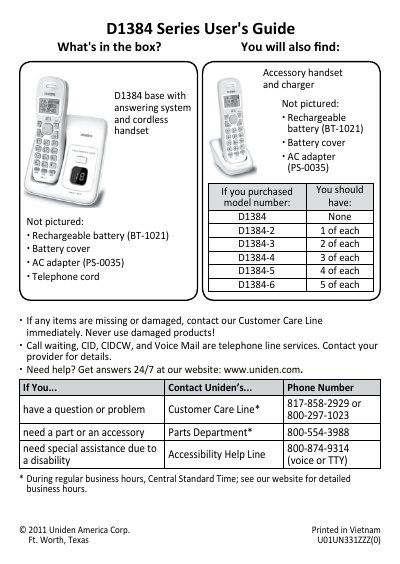 Uniden D1384 Series Cordless Phone User's Guide - cover page