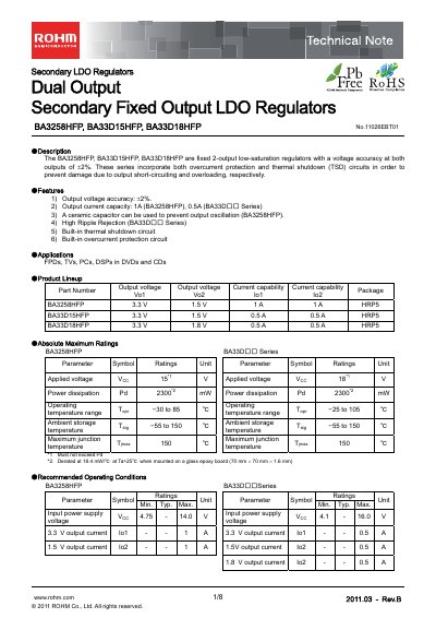 ROHM BA3258HFP / BA33D15HFP / BA33D18HFP Dual Output LDO Regulator Datasheet - cover page