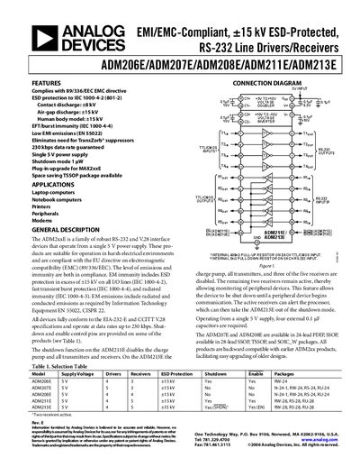 Analog Devices ADM206E/ADM207E/ADM208E/ADM211E/ADM213E Datasheet - cover page
