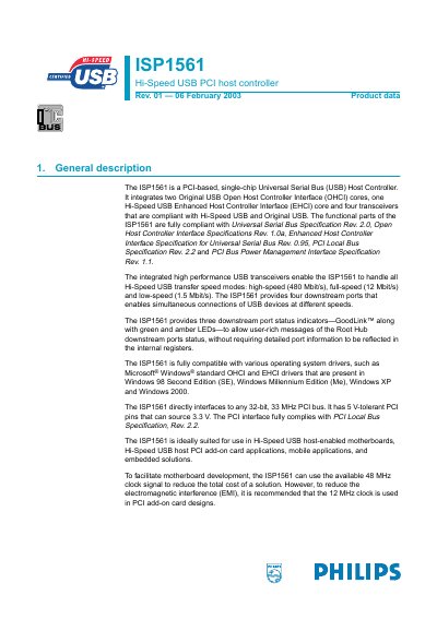 Philips ISP1561 USB PCI Host Controller Datasheet - cover page