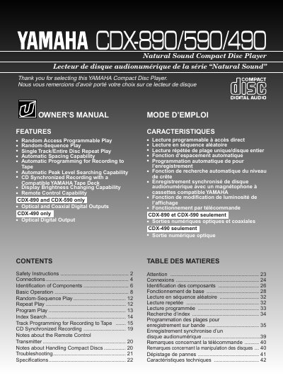 Yamaha CDX-890/590/490 Compact Disc Player Owner's Manual