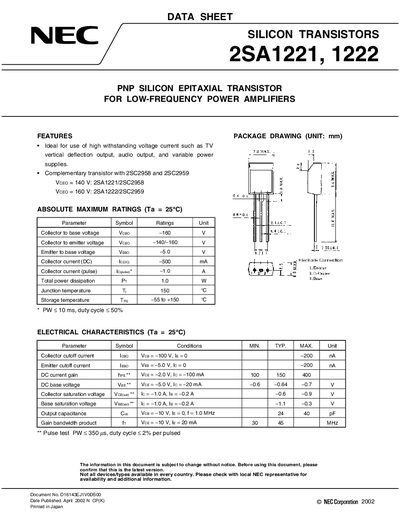 NEC 2SA1221/1222 Datasheet - cover page