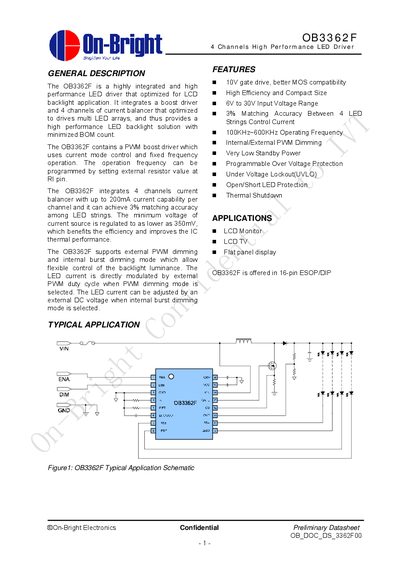 On-Bright OB3362F 4 Channels High Performance LED Driver Datasheet
