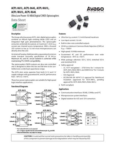 AVAGO TECHNOLOGIES ACPL-061L ACPL-064L ACPL-M61L ACPL-W61L ACPL-K64L Ultra Low Power 10 MBd Digital CMOS Optocouplers DATA SHEET - cover page