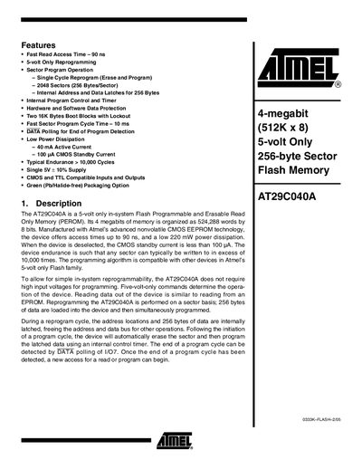 ATMEL 4-megabit (512K x 8) 5-volt Only 256-byte Sector Flash Memory AT29C040A Manual