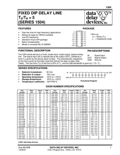 DATA DELAY DEVICES INC FIXED DIP DELAY LINE TD/TR = 5 (SERIES 1504) - cover page