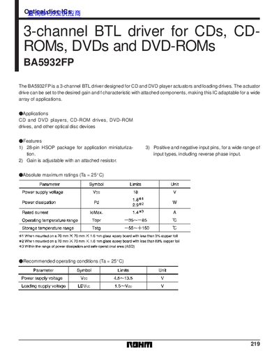ROHM BA5932FP 3-Channel BTL Driver Datasheet - cover page