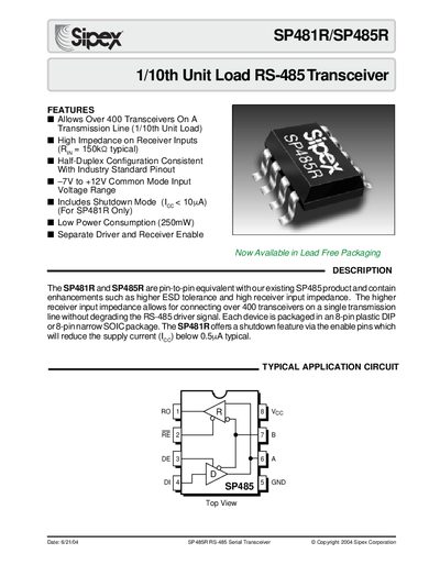 Sipex SP481R/SP485R 1/10th Unit Load RS-485 Transceiver Datasheet - cover page