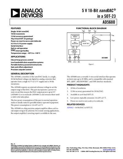 Analog Devices AD5680 18-bit nanoDAC Datasheet - cover page