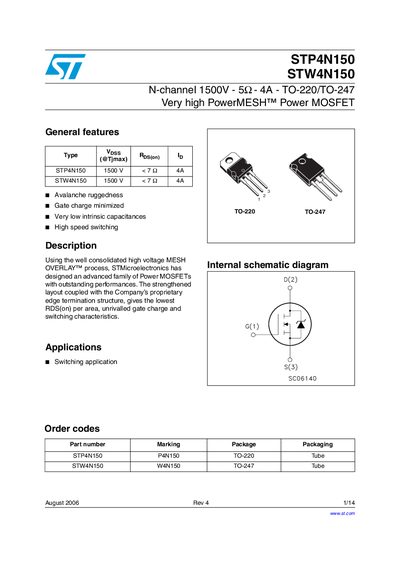 STMicroelectronics STP4N150/STW4N150 Power MOSFET Handbook - cover page