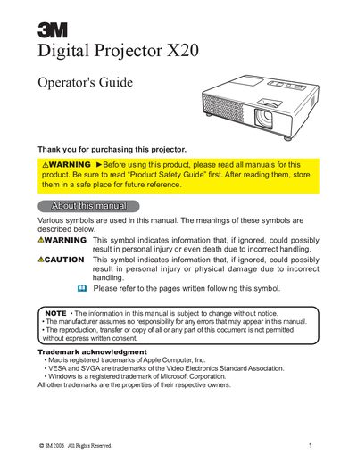 3M Digital Projector X20 Operator's Guide