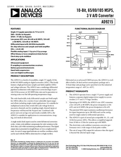 Analog Devices AD9215 10‑Bit 65/80/105 MSPS 3 V A/D Converter Datasheet - cover page