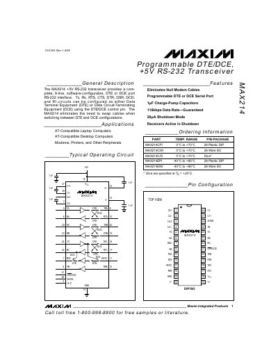 Maxim MAX214 RS-232 Transceiver Datasheet