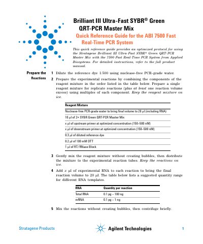 Stratagene Brilliant III Ultra-Fast SYBR Green QRT-PCR Master Mix Quick Reference Guide for the ABI 7500 Fast Real-Time  - cover page
