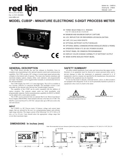 Red Lion CUB5P Process Meter Datasheet - cover page