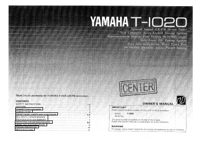 Yamaha T-1020 Stereo Tuner Owner's Manual - cover page