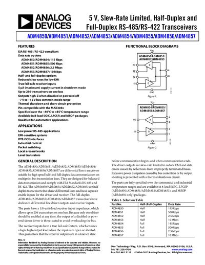 Analog Devices ADM4850 Series RS-485/RS-422 Transceiver Datasheet - cover page