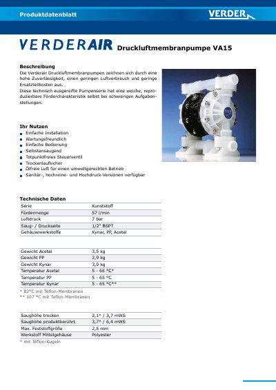 VERDER VA15 Air Diaphragm Pump Product Data Sheet - cover page