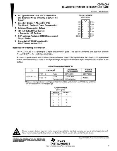 Texas Instruments CD74AC86 Quadruple 2-Input Exclusive-OR Gate Datasheet - cover page