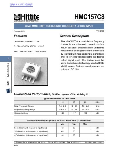 Hittite HMC157C8 GaAs MMIC SMT Frequency Doubler Datasheet - cover page