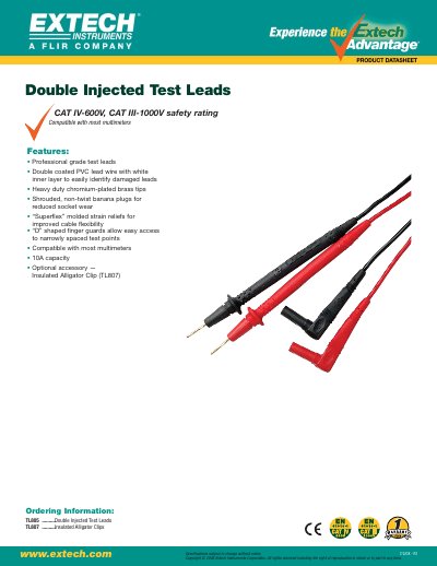 EXTECH TL805 Double Injected Test Leads Product Datasheet