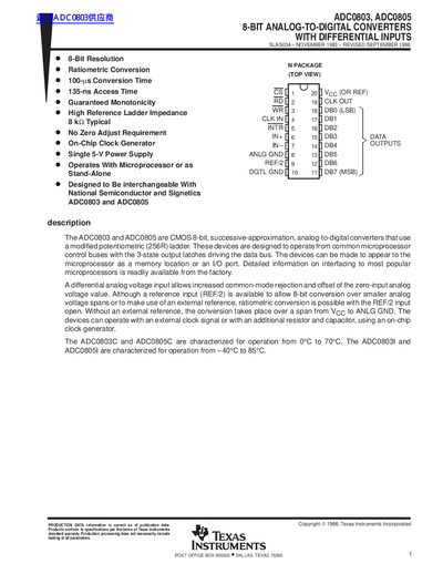 TEXAS INSTRUMENTS ADC0803 ADC0805 8-BIT ANALOG-TO-DIGITAL CONVERTERS WITH DIFFERENTIAL INPUTS handbook - cover page