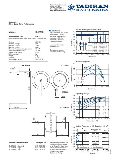 Tadiran SL-2780 Battery Data Sheet - cover page