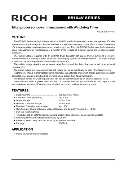 Ricoh R5104V Series Microprocessor Power Management IC Datasheet