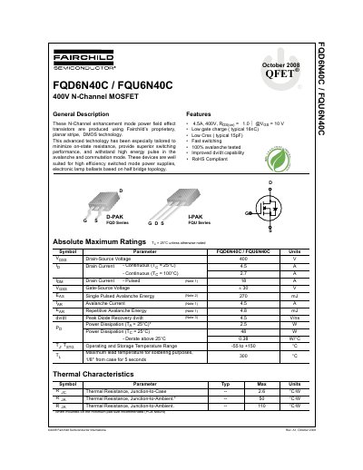 Fairchild Semiconductor FQD6N40C / FQU6N40C 400V N-Channel MOSFET Datasheet - cover page