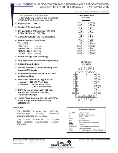 texas instruments TMS27C128 131 072-BIT UV ERASABLE PROGRAMMABLE READ-ONLY MEMORY TMS27PC128 131 072-BIT PROGRAMMABLE READ-ONLY MEMORY handbook