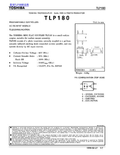 Toshiba TLP180 Optocoupler Datasheet - cover page