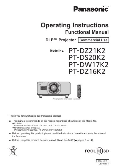 Panasonic PT-DZ21K2/PT-DS20K2/PT-DW17K2/PT-DZ16K2 DLP Projector Operating Instructions cover