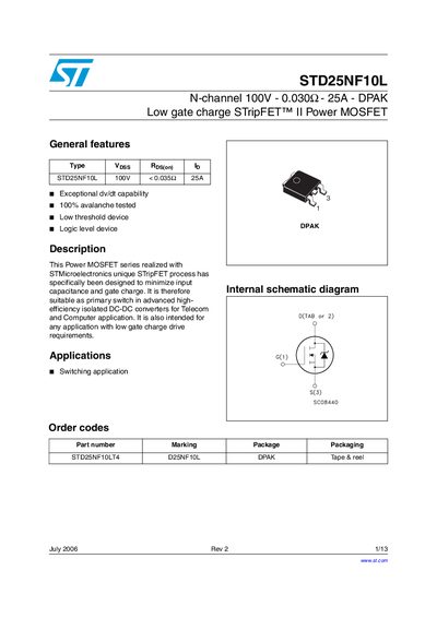 STMicroelectronics STD25NF10L Power MOSFET Datasheet - cover page