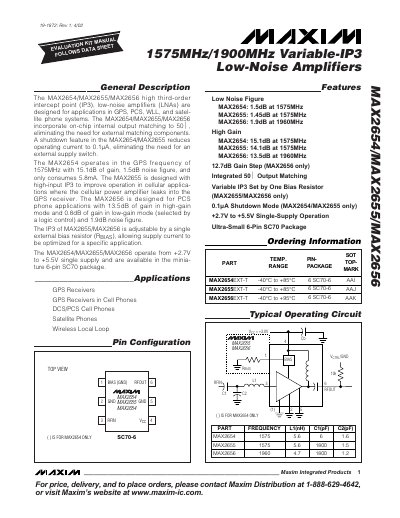 Maxim MAX2654/MAX2655/MAX2656 Low-Noise Amplifier Datasheet - cover page
