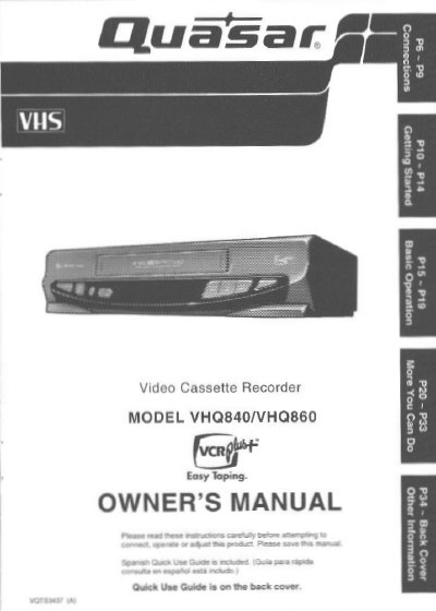 Panasonic VHQ840 Video Cassette Recorder Owner's Manual - cover page