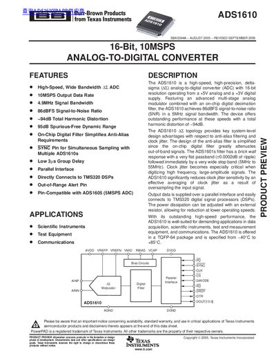 Texas Instruments ADS1610 16-Bit ADC Datasheet - cover page