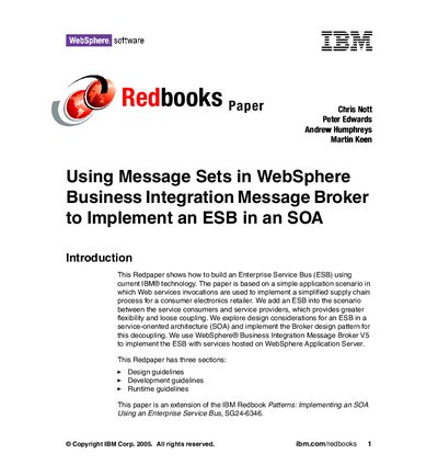 IBM WebSphere Business Integration Message Broker Application Note – Using Message Sets to Implement an ESB - cover page