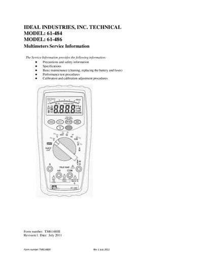 IDEAL INDUSTRIES INC 480 Series Digital Multimeters Technical Manual - cover page
