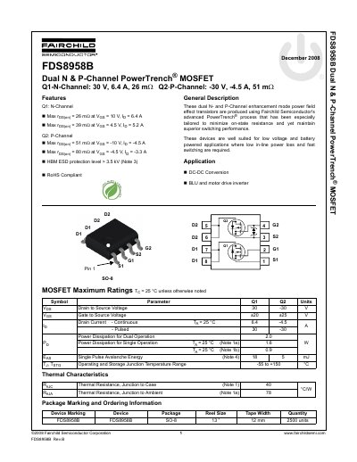Fairchild FDS8958B Dual N/P-Channel MOSFET Datasheet - cover page
